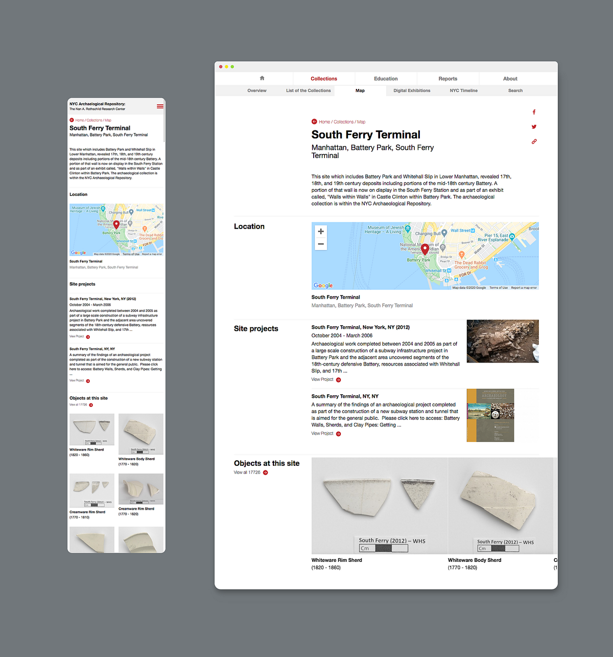 Image showcasing the design elements and features of the NYC Archaeology Repository website.